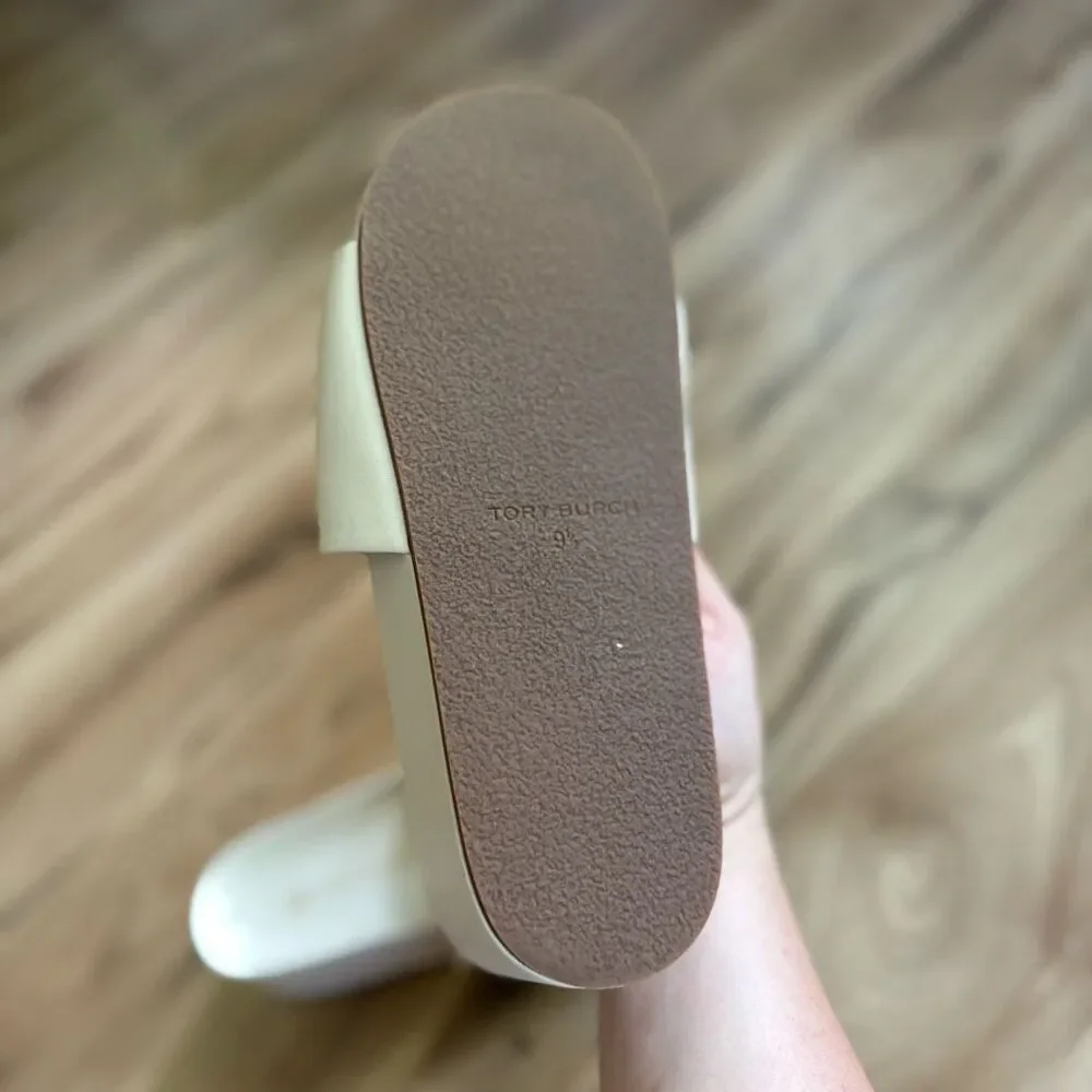 Tory Burch Patos Chunky White Napa Leather Gold Slides Size 9 1/2